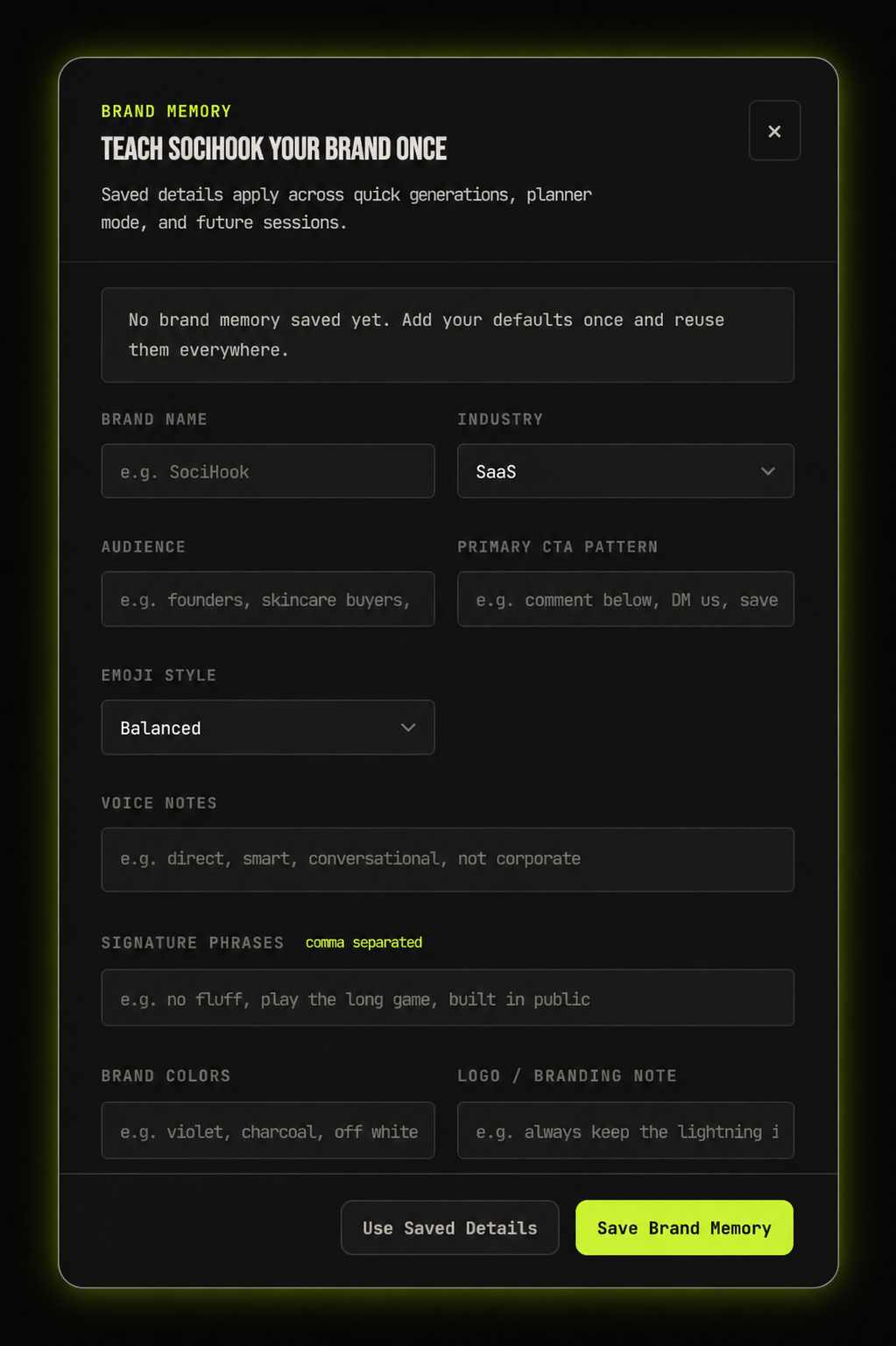 SociHook Brand Memory screen preview